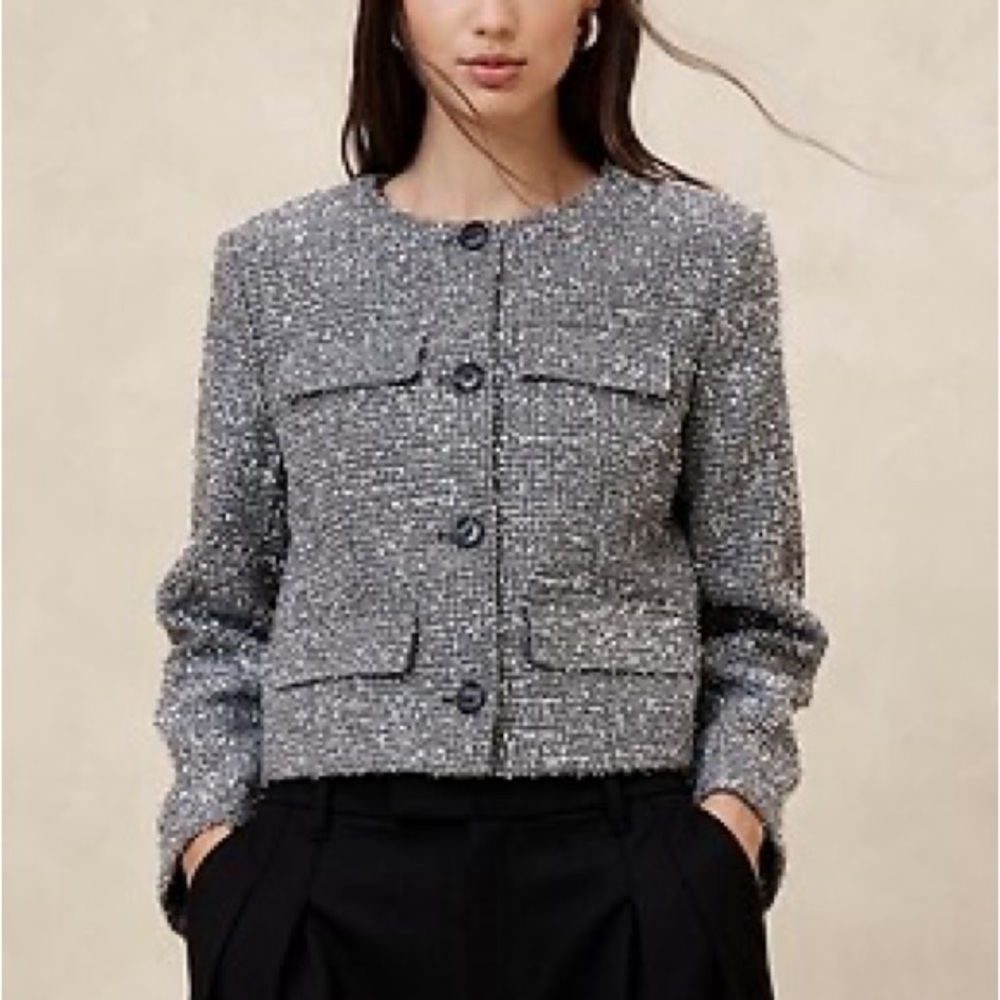 Banana Republic Gray Silver Black Metallic Tweed Jacket Matching Coord skirt set